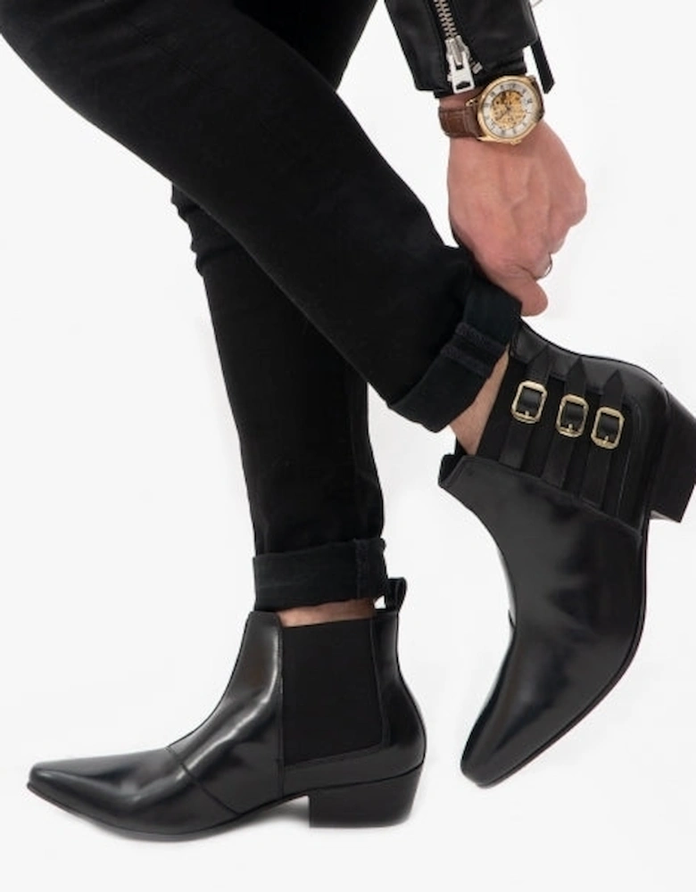LORENZO Mens Leather Cuban Heel Boots Black