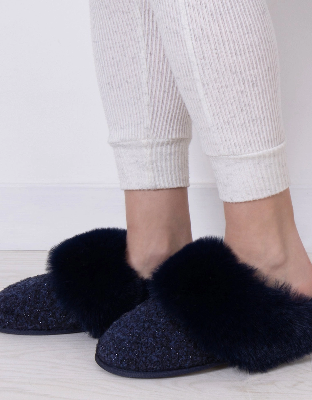 TEXTURED SPARKLE FAUX FUR MULE Slippers Womens Navy