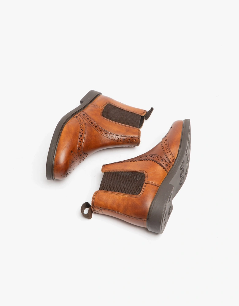 JOHNNY Boys Leather Brogue Chelsea Boots Tan