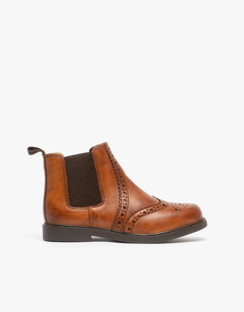 JOHNNY Boys Leather Brogue Chelsea Boots Tan