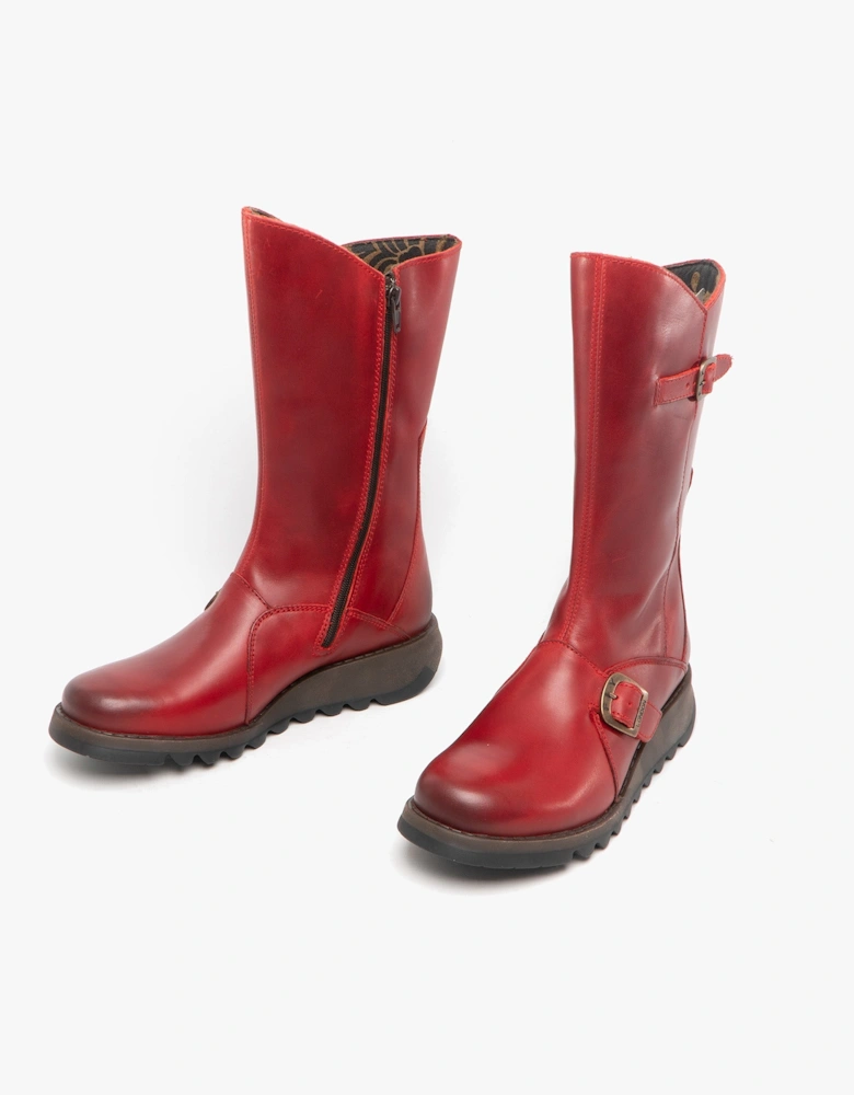 MES 2 Womens Leather Zip Up Mid-Calf Boots Red