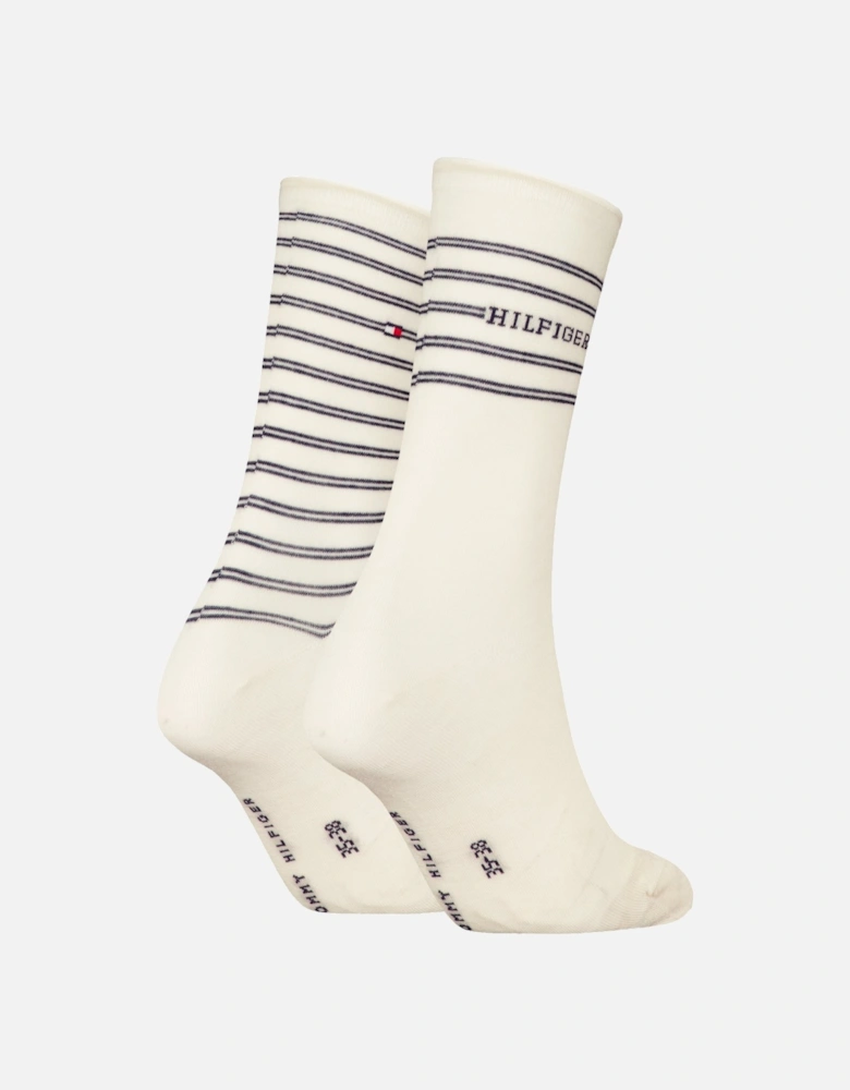 2 Pack Stripe Womens Crew Socks White