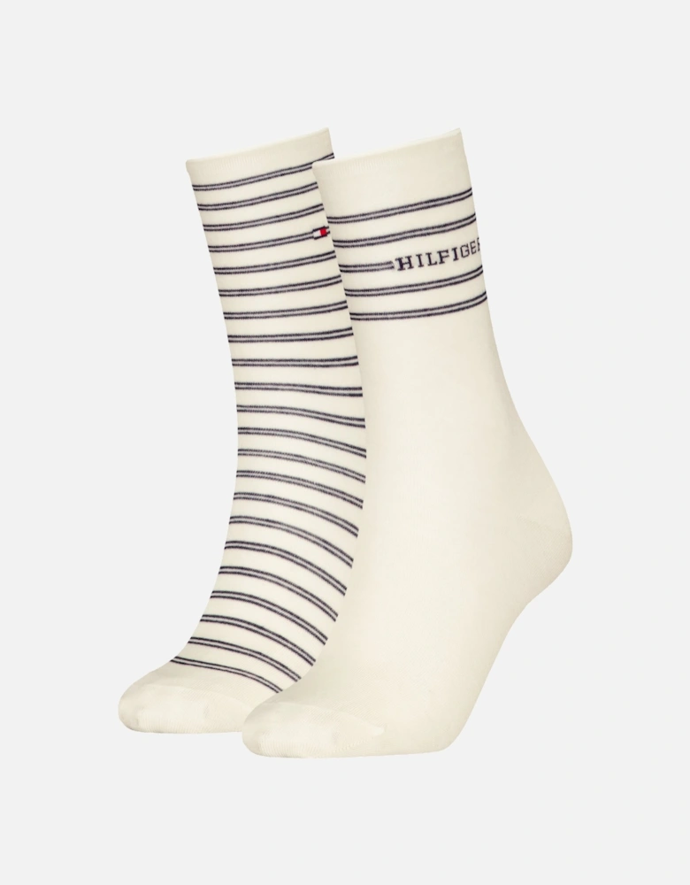 2 Pack Stripe Womens Crew Socks White