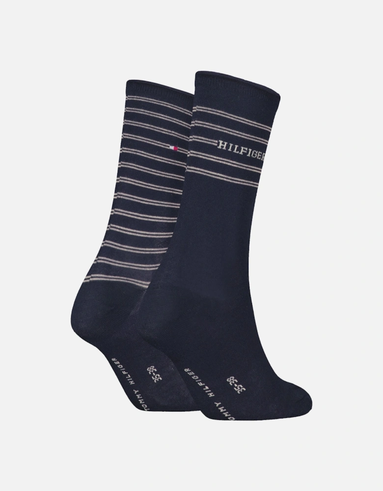 2 Pack Stripe Womens Crew Socks Navy