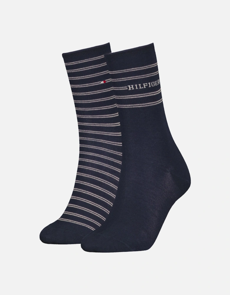 2 Pack Stripe Womens Crew Socks Navy