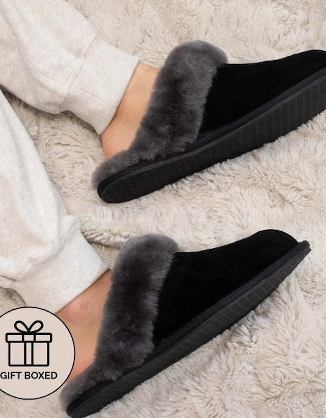 AYLA Womens Real Sheepskin Mule Slippers Black