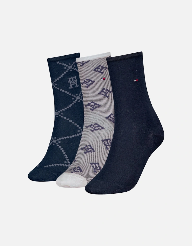 3 Pack Giftboxed Monogram Womens Crew Socks Navy