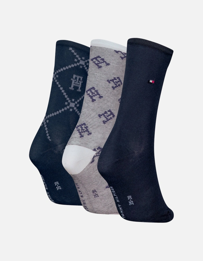 3 Pack Giftboxed Monogram Womens Crew Socks Navy