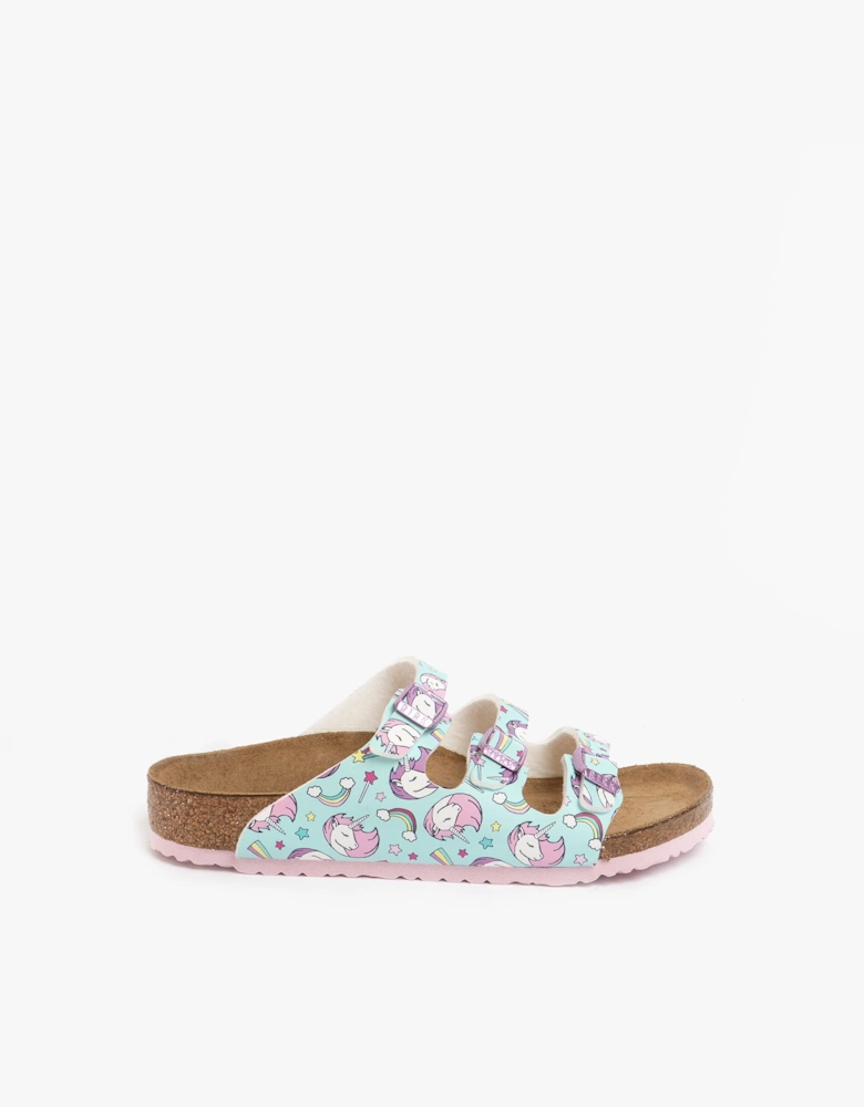 FLORIDA 1018845 (Reg) Girls Birko-Flor Three Strap Sandals Unicorn Seafoam