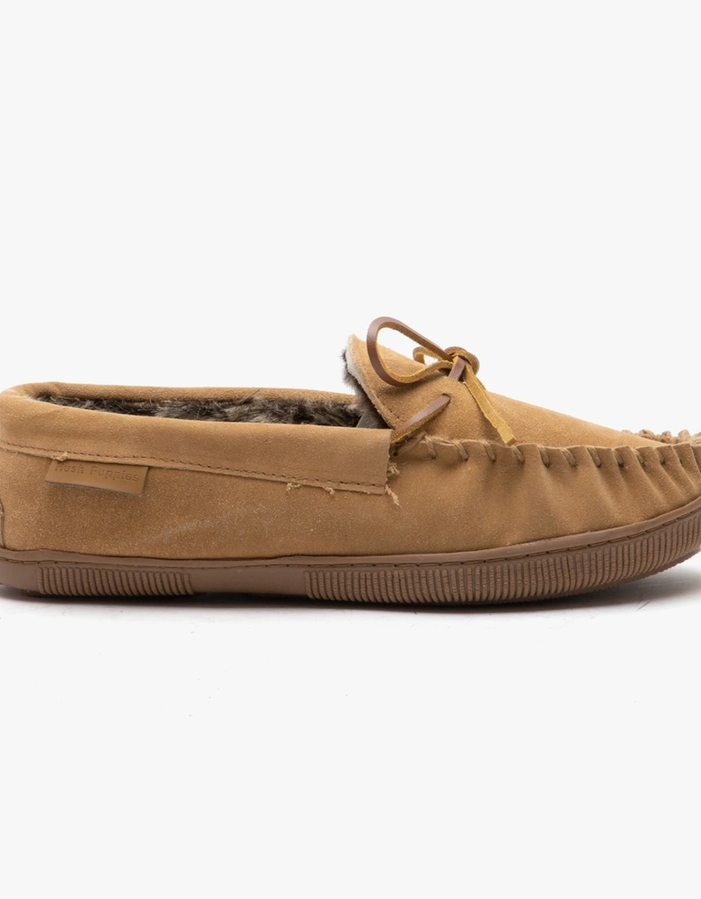 ACE Mens Suede Moccasin Slippers Tan