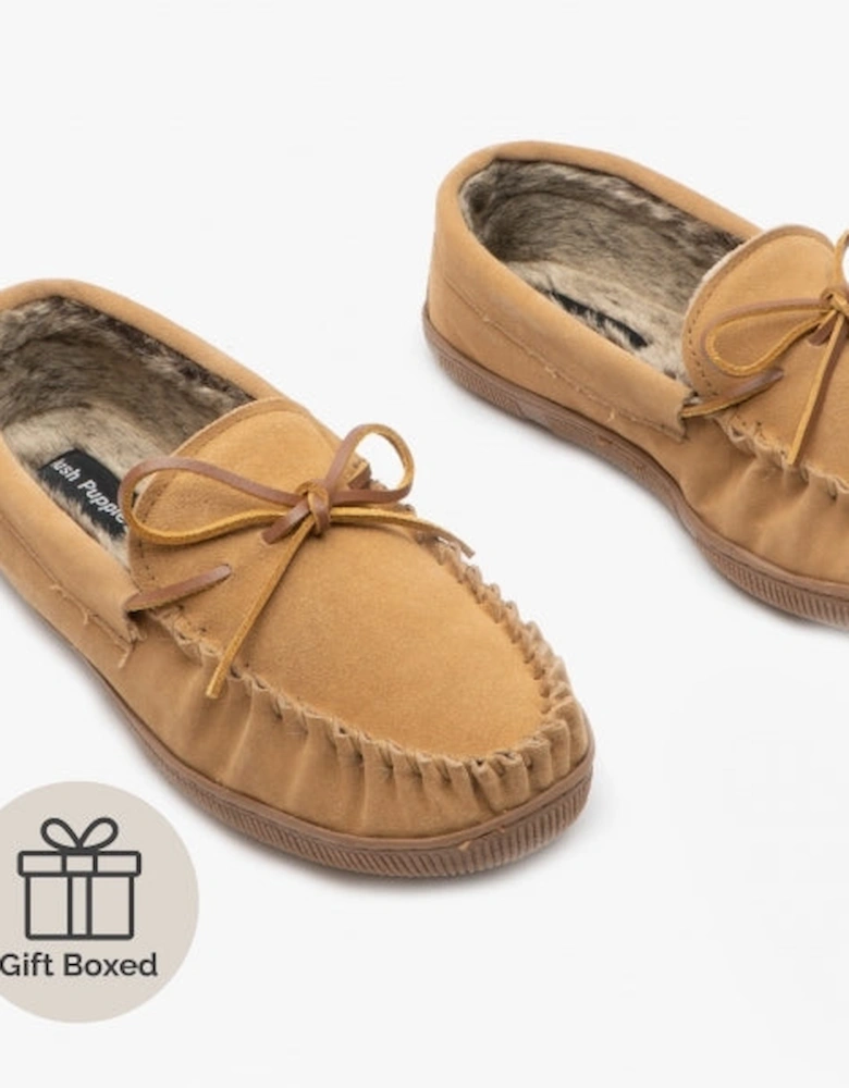 ACE Mens Suede Moccasin Slippers Tan