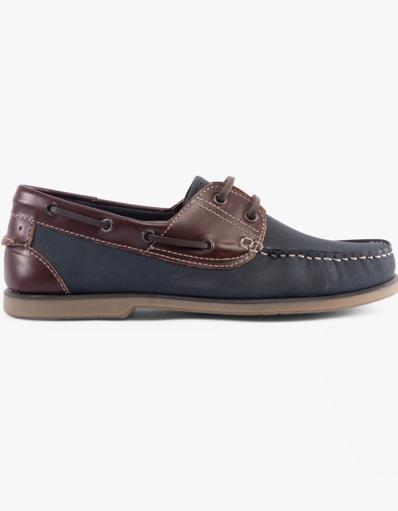 RIVER Mens Leather Moccasin Boat Shoes Navy Blue/Brown