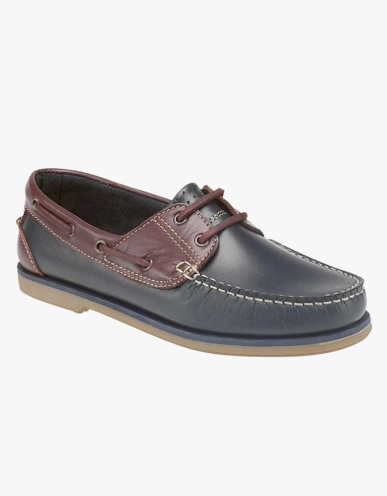 RIVER Mens Leather Moccasin Boat Shoes Navy Blue/Brown