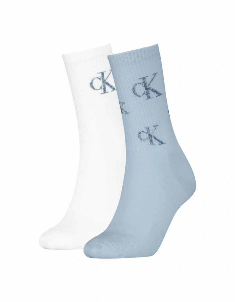 2 Pack Logo Trainer Womens Crew Socks Blue/White