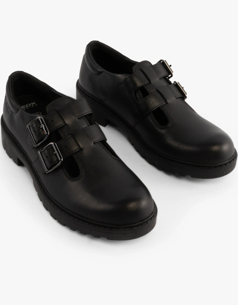 CASEY D Girls Leather Buckle School Shoes Black