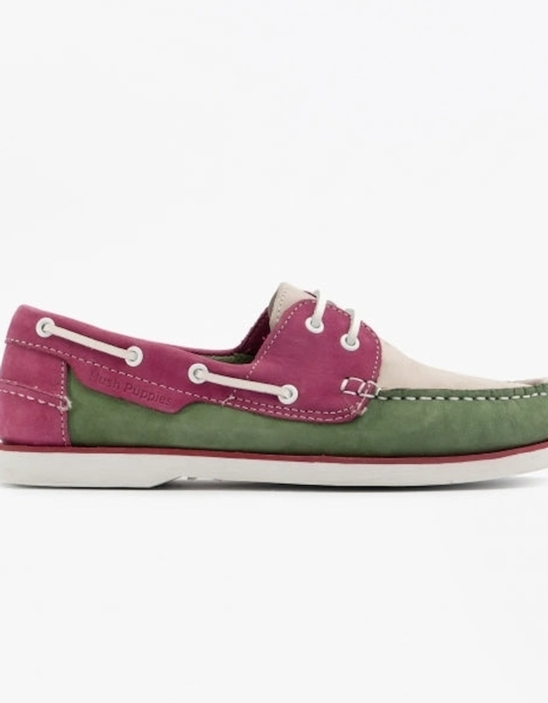 HATTIE Womens Leather Boat Shoes Green/Pink/Grey