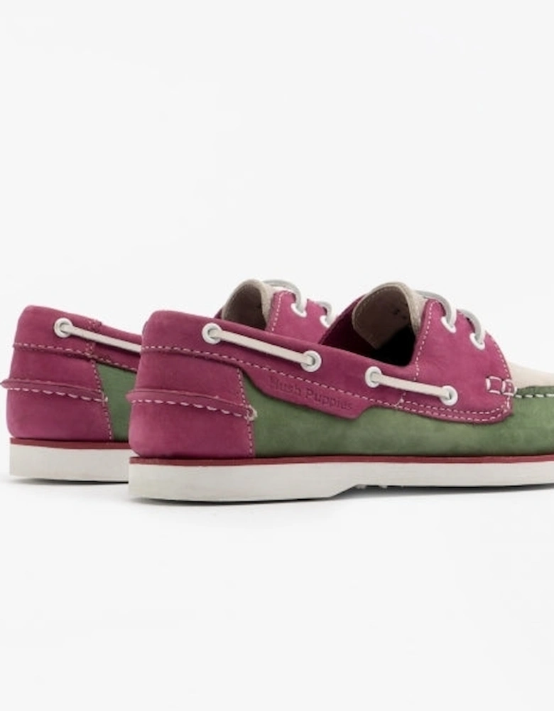 HATTIE Womens Leather Boat Shoes Green/Pink/Grey