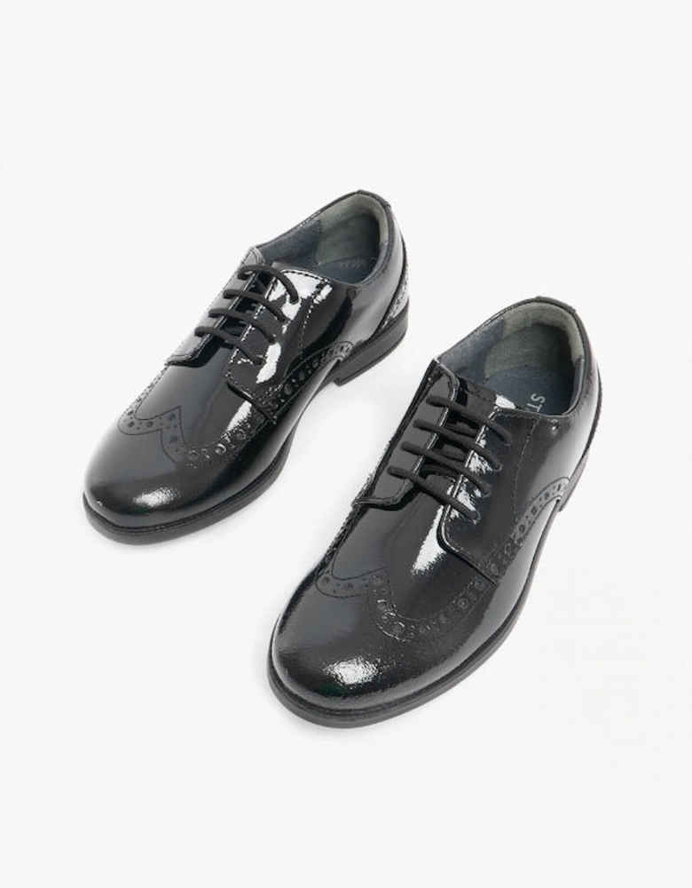 BROGUE PRI Girls Leather Lace Up School Shoes Patent Black