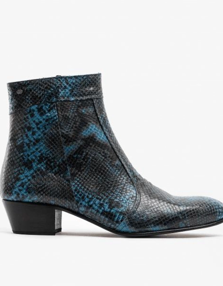 EMMANUEL Mens Snakeprint Leather Cuban Heel Boots Azul