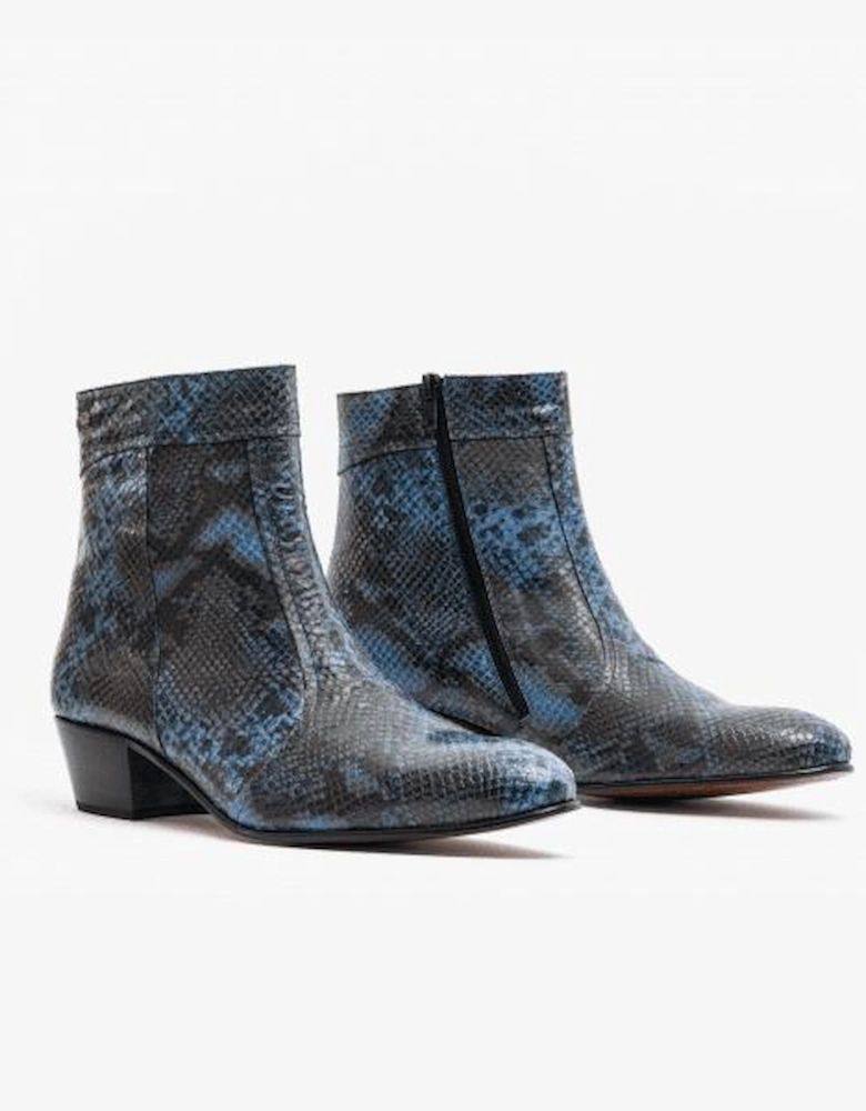 EMMANUEL Mens Snakeprint Leather Cuban Heel Boots Azul