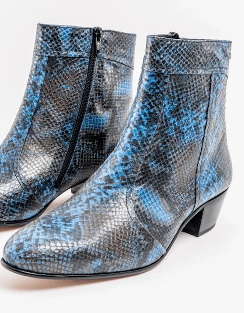 EMMANUEL Mens Snakeprint Leather Cuban Heel Boots Azul