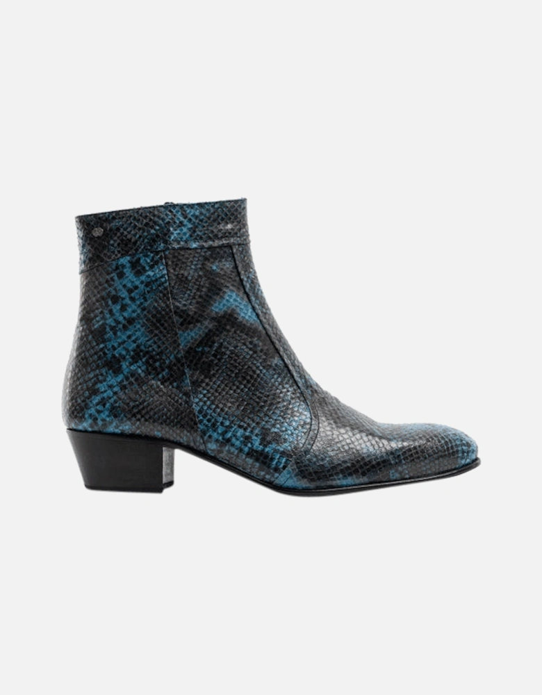 EMMANUEL Mens Snakeprint Leather Cuban Heel Boots Azul