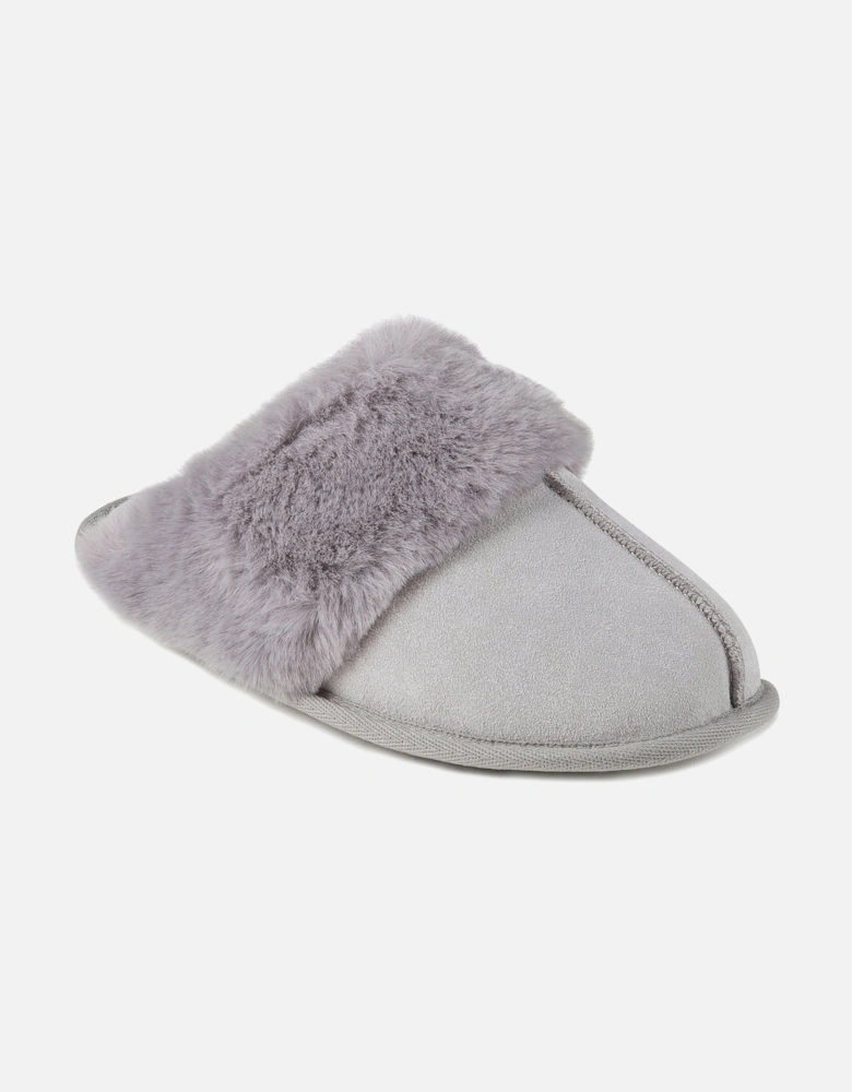 Isotoner REAL SUEDE WITH FUR CUFF Womens Mule Slippers Grey