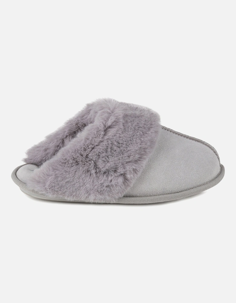 Isotoner REAL SUEDE WITH FUR CUFF Womens Mule Slippers Grey