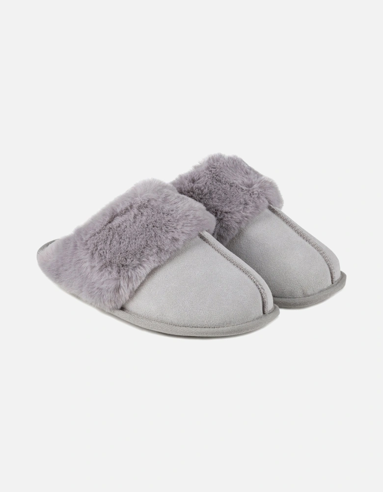 Isotoner REAL SUEDE WITH FUR CUFF Womens Mule Slippers Grey