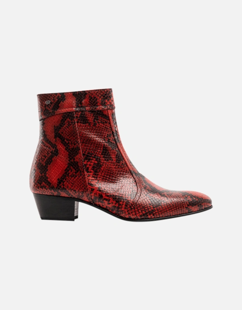 EMMANUEL Mens Snakeprint Leather Cuban Heel Boots Fuego