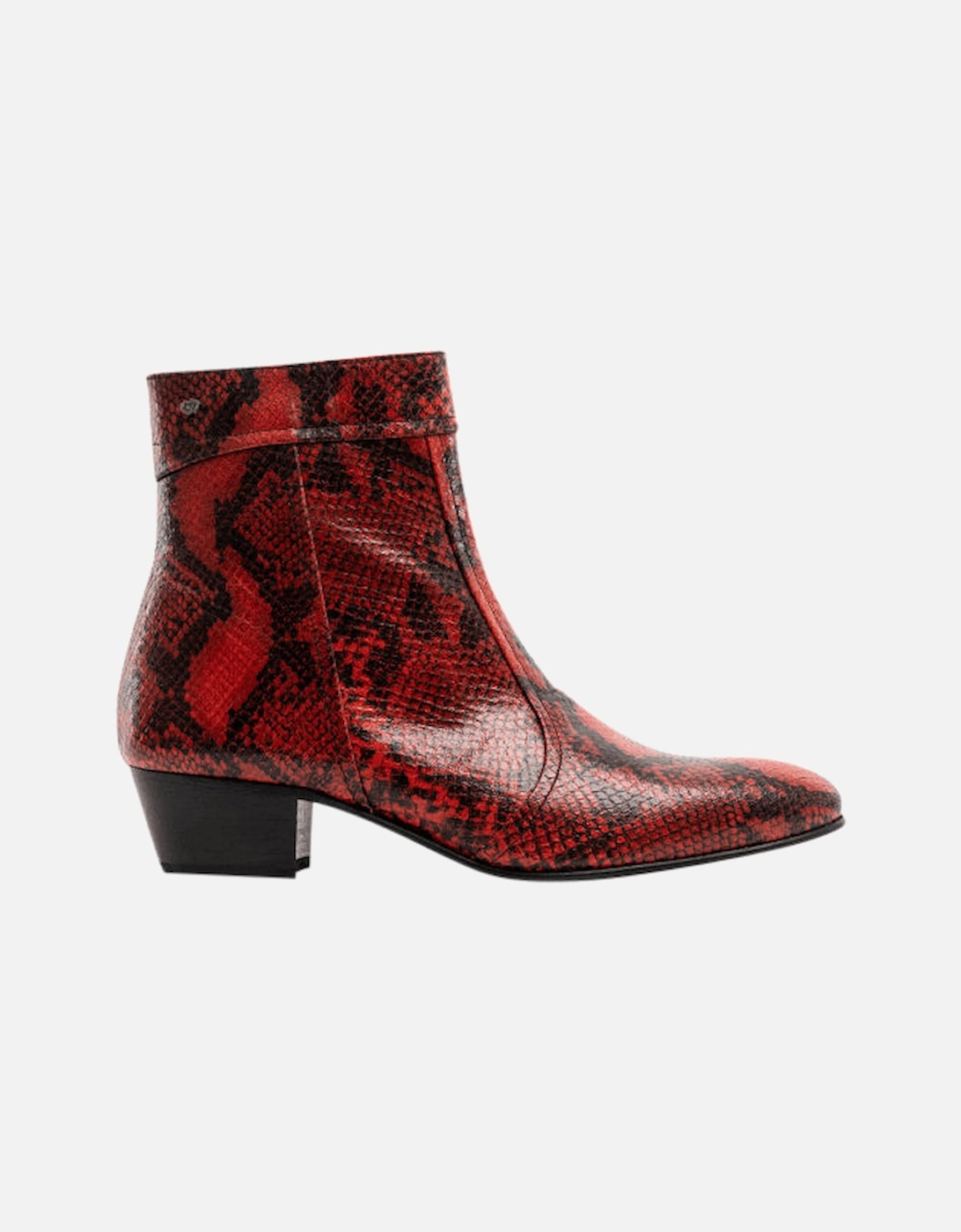 EMMANUEL Mens Snakeprint Leather Cuban Heel Boots Fuego