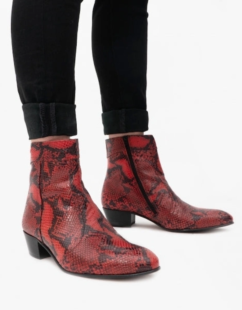 EMMANUEL Mens Snakeprint Leather Cuban Heel Boots Fuego