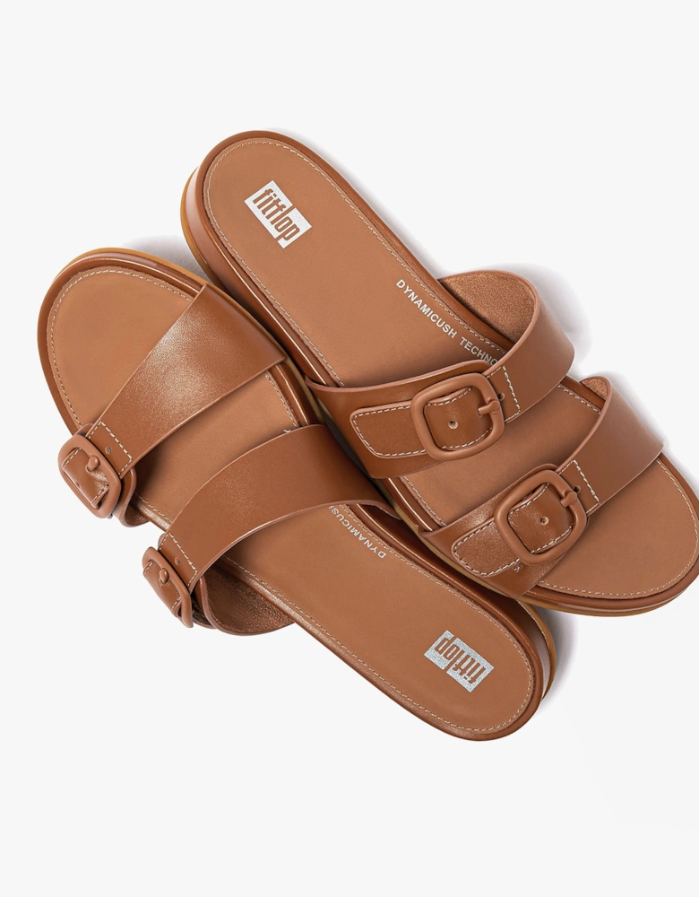 GRACIE Womens Rubber-Buckle Leather Two-Bar Sliders Light Tan