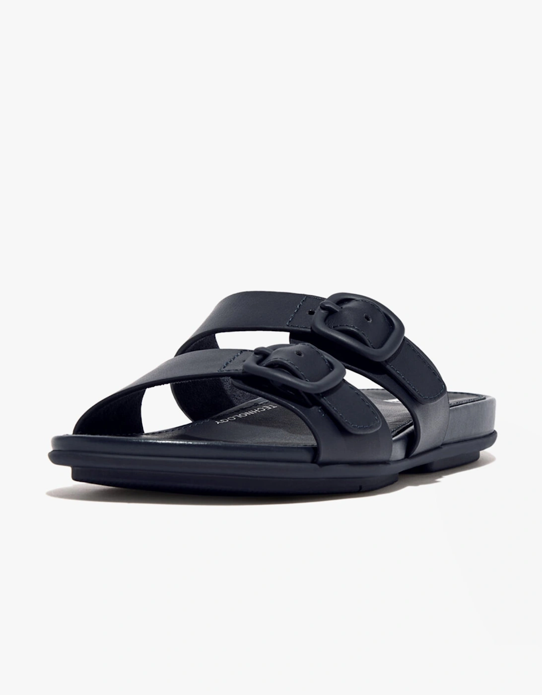 GRACIE Womens Rubber-Buckle Leather Two-Bar Sliders Midnight Navy