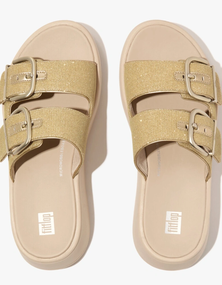 F-MODE BUCKLE SHIMMERLUX FLATFORM TWO-BAR Womens Slides Platino