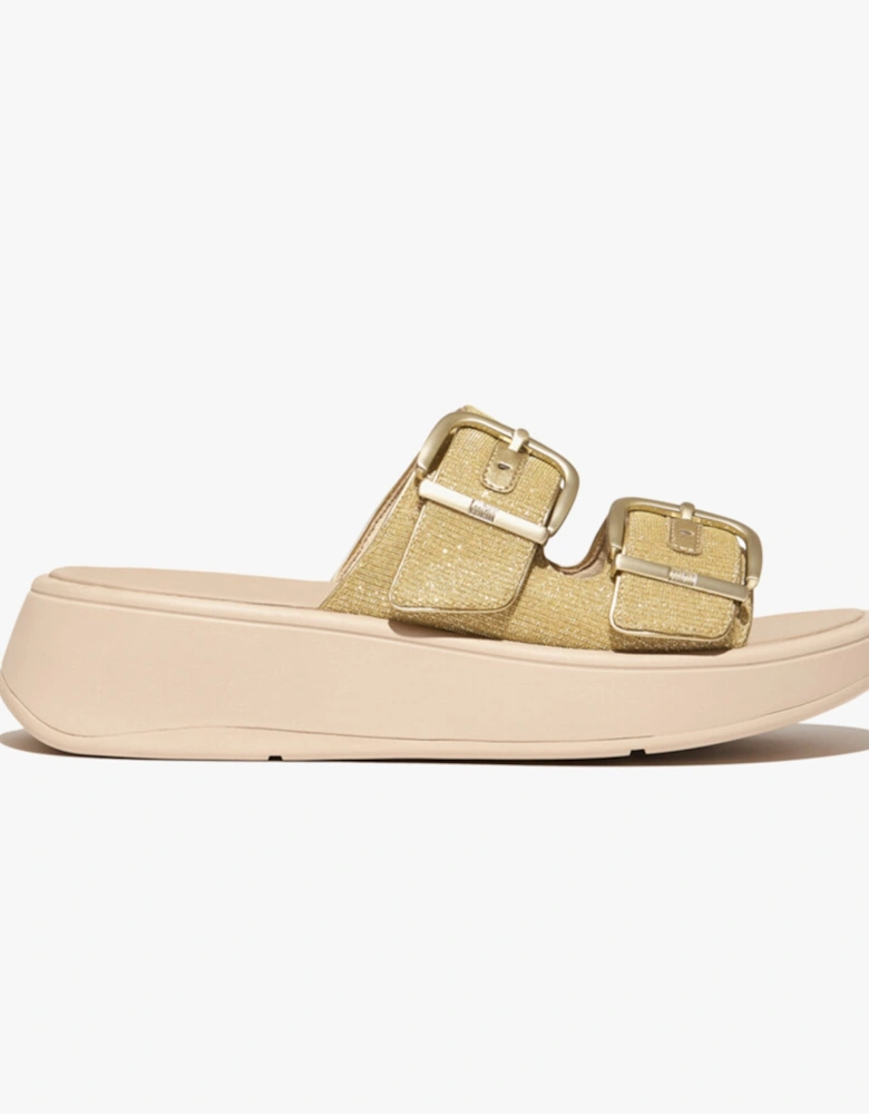 F-MODE BUCKLE SHIMMERLUX FLATFORM TWO-BAR Womens Slides Platino