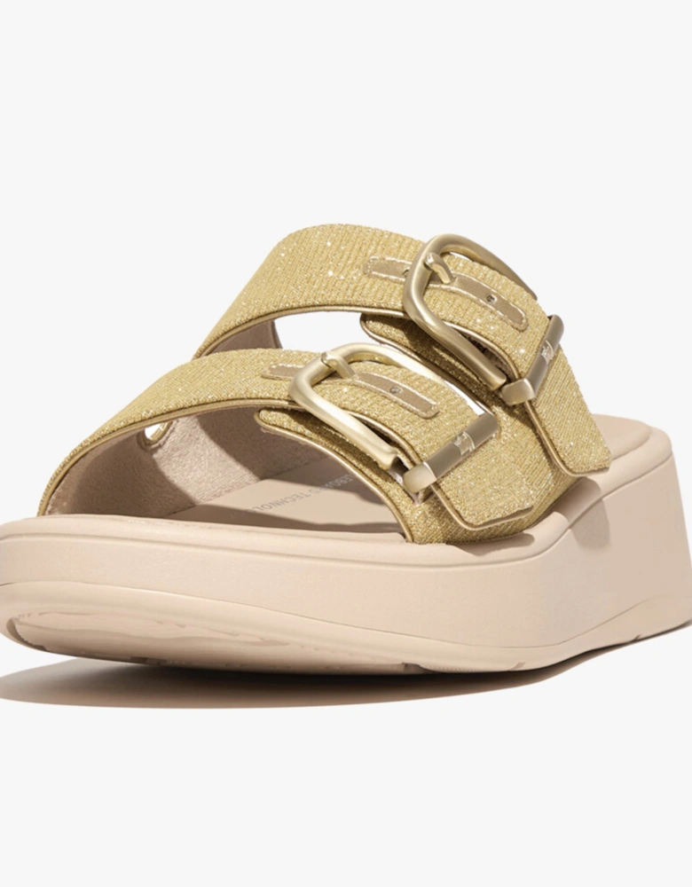 F-MODE BUCKLE SHIMMERLUX FLATFORM TWO-BAR Womens Slides Platino