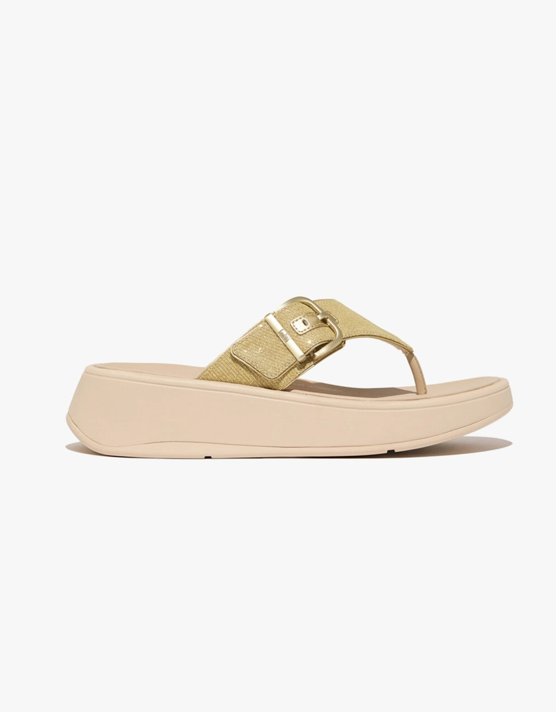 Women's FitFlop F-MODE BUCKLE SHIMMERLUX FLATFORM Womens Toe Post Platino - Silver - Size: 7