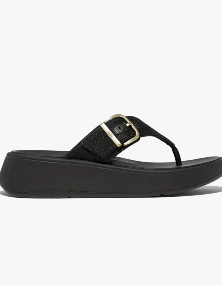 F-MODE BUCKLE SHIMMERLUX FLATFORM Womens Toe Post Black