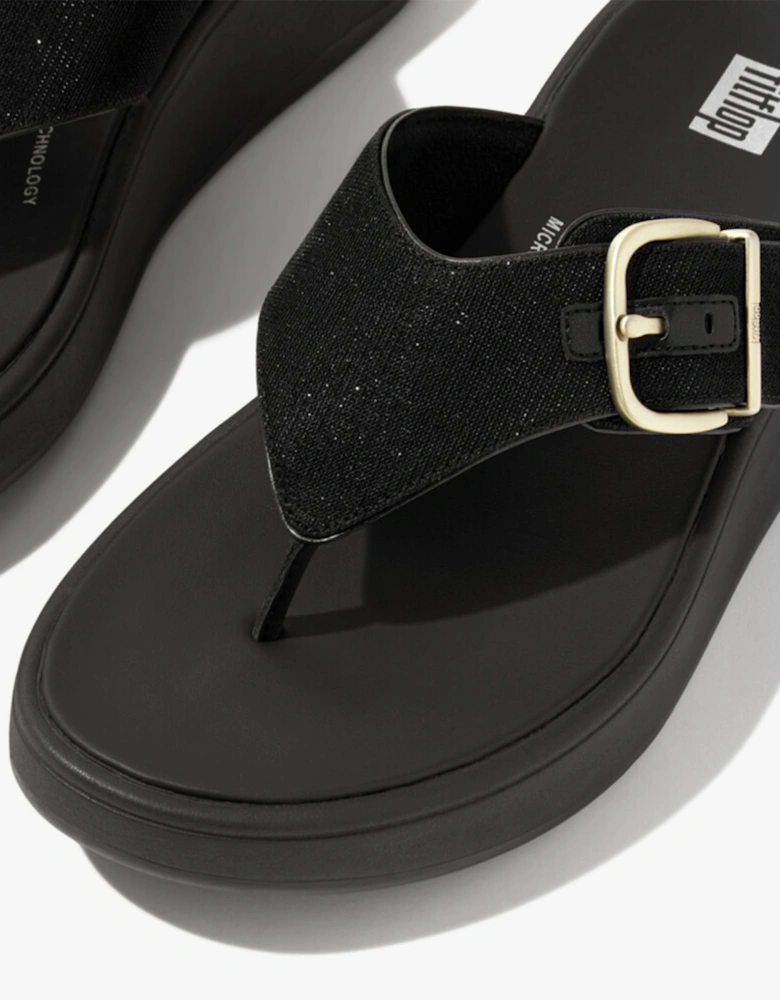 F-MODE BUCKLE SHIMMERLUX FLATFORM Womens Toe Post Black