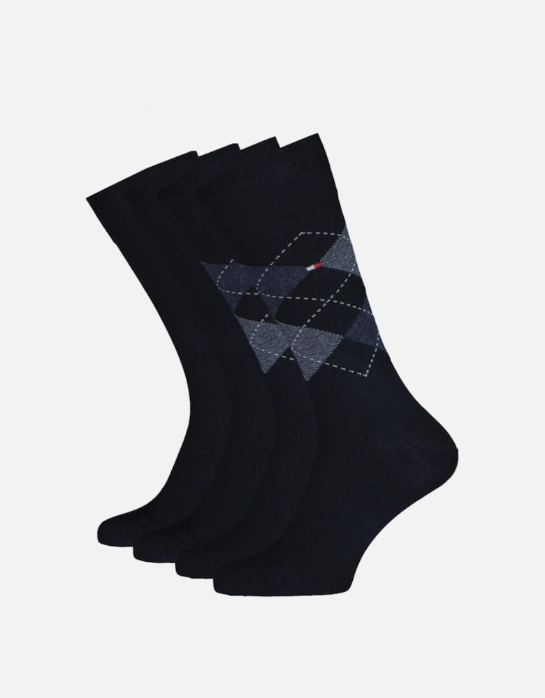 2 Pack Mens Crew Checked Socks Navy