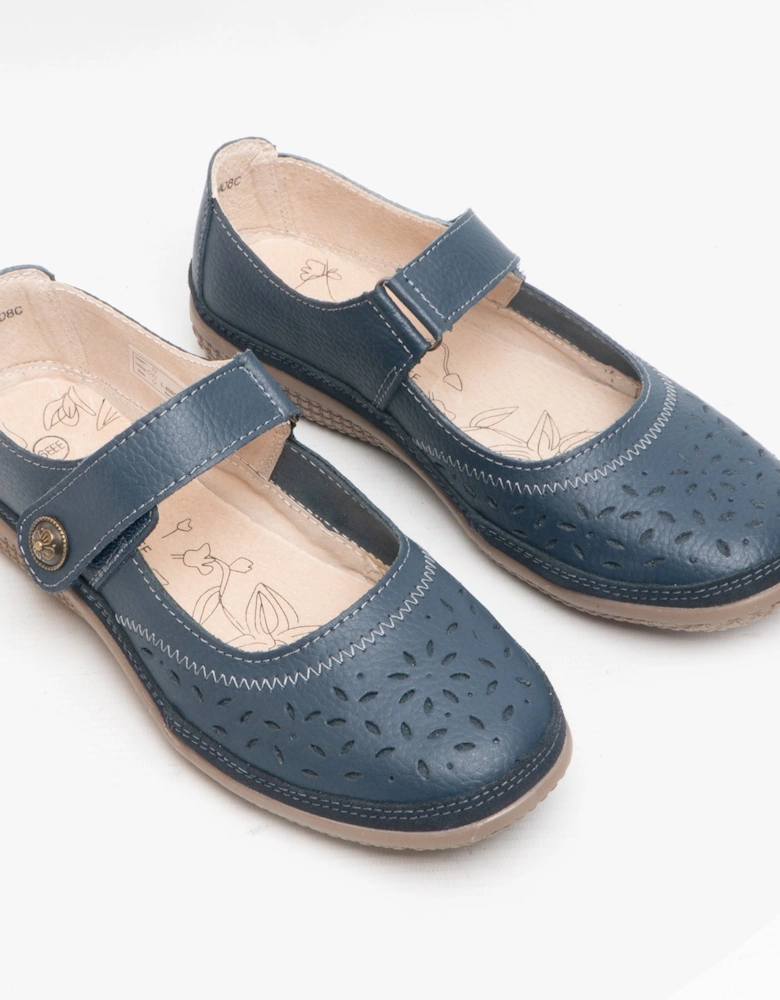 ALEX Womens Extra Wide EEE Leather Velcro Mary Jane Shoes Navy