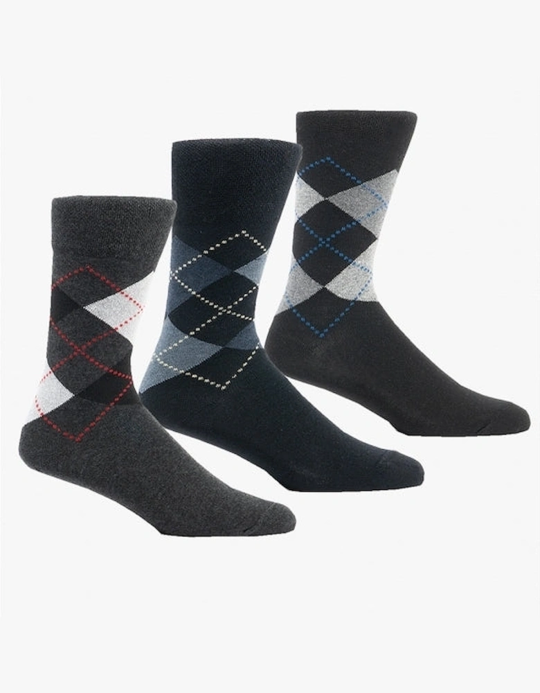 ARGYLE 3 Pack Diabetic Mens Socks Navy/Grey: One Size