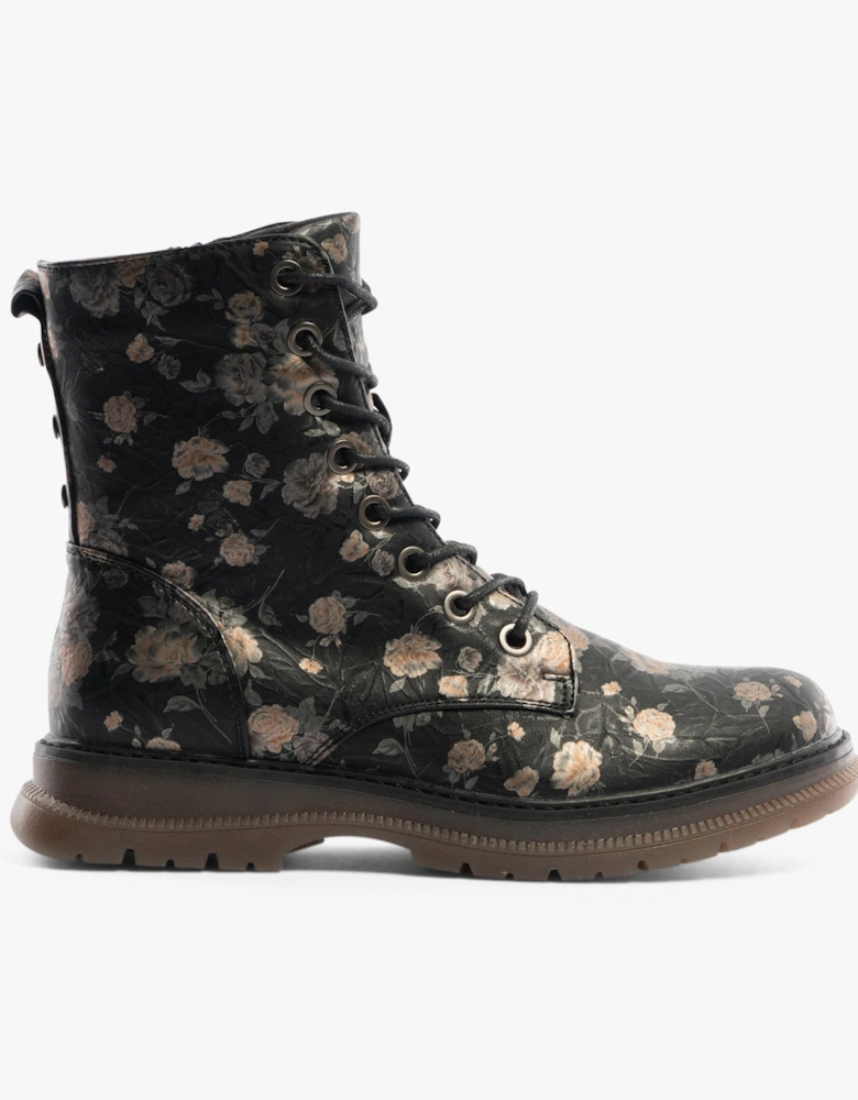 ANNETTA Womens Lace-Up Floral Boots Black/Bronze/Floral