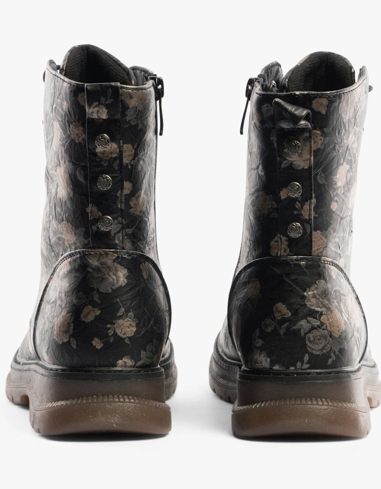 ANNETTA Womens Lace-Up Floral Boots Black/Bronze/Floral