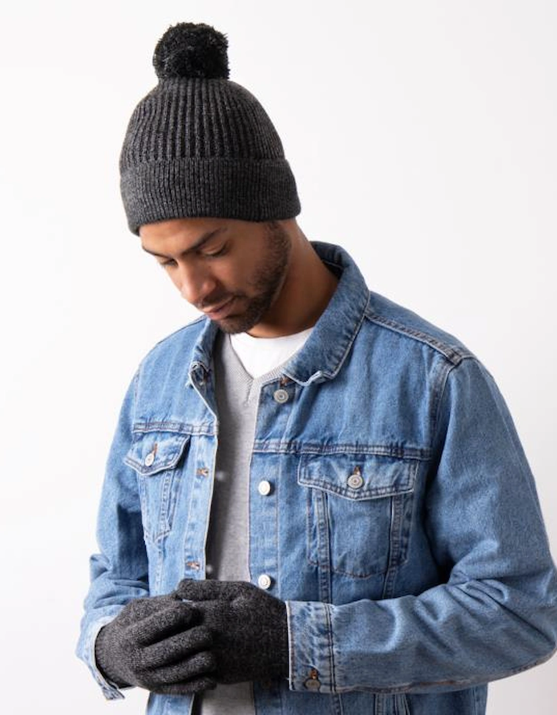 Hat & Glove Set Mens Black / Grey