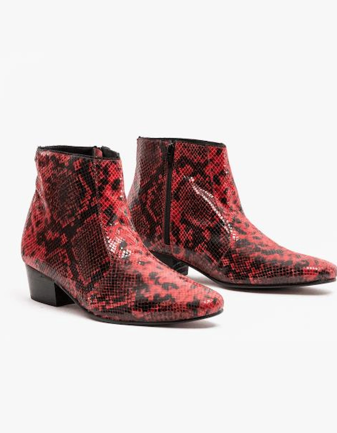 ROMARIO Mens Leather Cuban Heel Boots Python Red