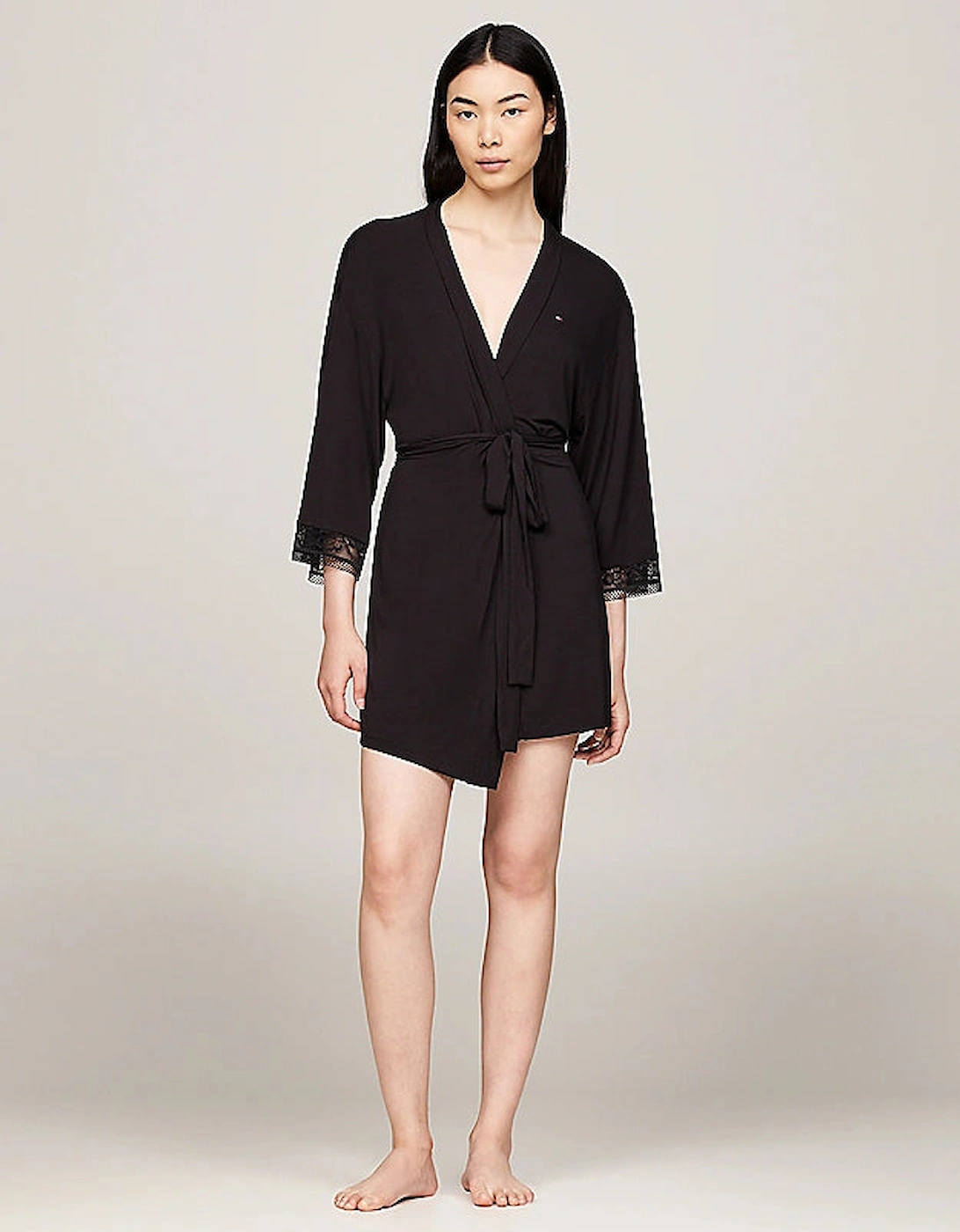 Women's Tommy Hilfiger COMFORT Womens Modal Lace-Trim Kimono Robe Black - Size: SMALL