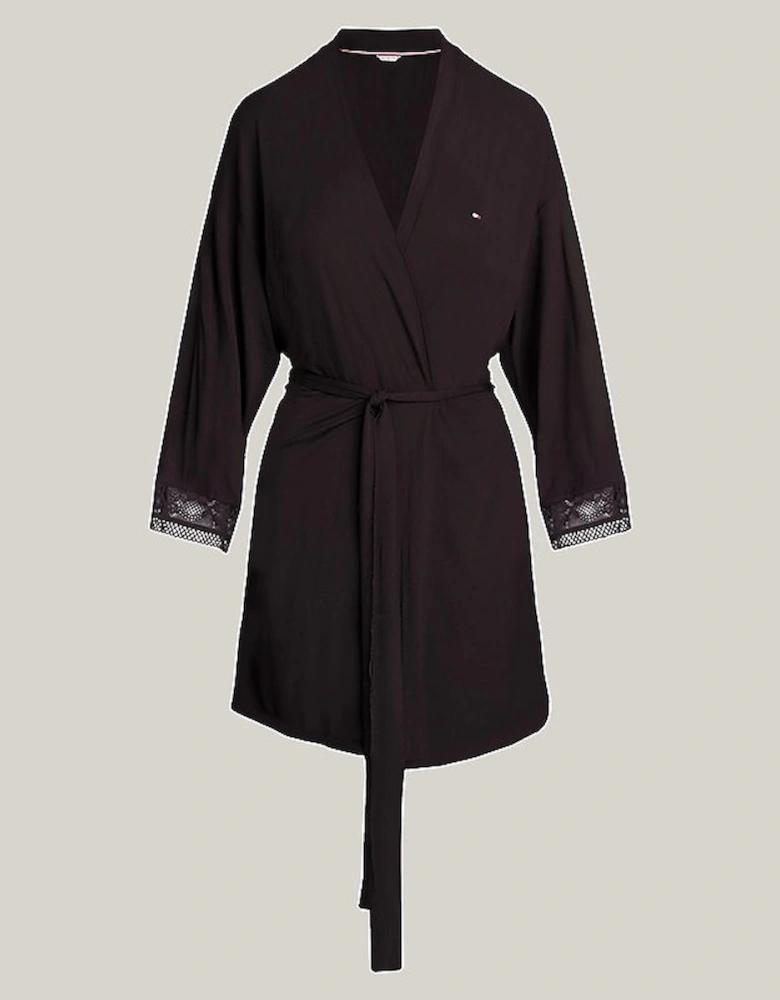 COMFORT Womens Modal Lace-Trim Kimono Robe Black