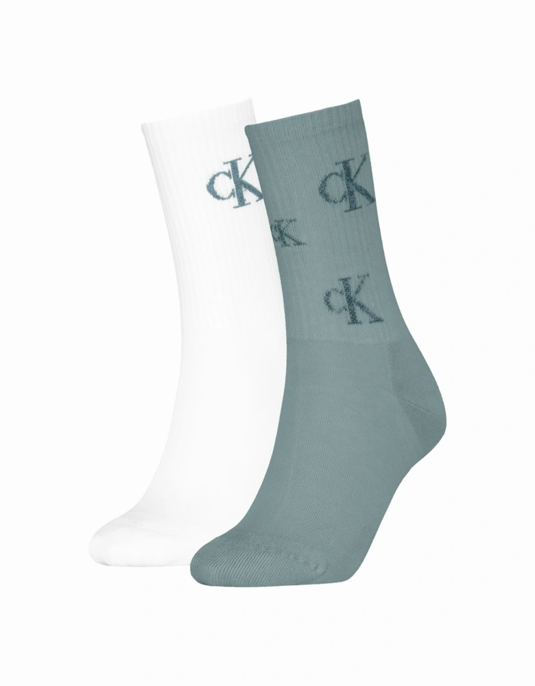 2 Pack Logo Trainer Womens Crew Socks Green/White